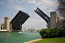 Bridge raised for sailboats, viewed looking east, toward Navy Pier Outer Drive Bridge Chicago - opened for sailboats 2011.jpg