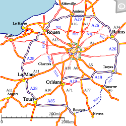 הפריפריק באדום, A186 בשחור, הפרנסיליין בשחור וכביש ההיקף הגדול של פריז בכחול כהה