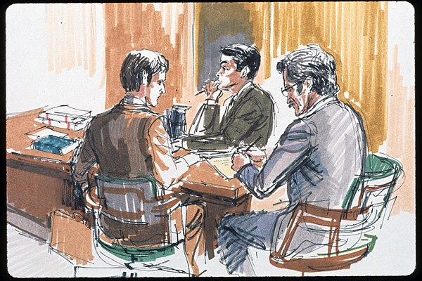 Artist David Rose's rendering of attorneys during the 1973 trial of Ellsberg and Russo in Los Angeles