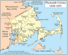 Image 21Early settlements and boundaries of the Plymouth Colony (from History of Massachusetts)