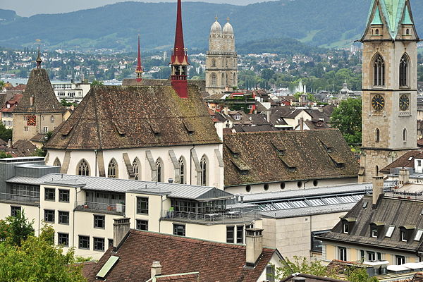 Predigerkirche as seen from ETH Zurich, the Zentralbibliothek building in the foreground
