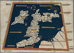 Un o'r copiau gynharaf o map 2ail Ganrif gan Ptolemi, 1486