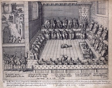 Henri II visits the Mercurial session, engraving by Frans Hogenberg Proces d'Anne du Bourg.tiff