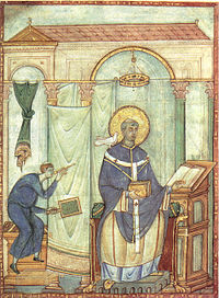 Registrum gregorii, san gregorio magno ispirato dalla colomba, 983 miniatura, treviri stadtbiblithek, 19,8x27 cm.jpg