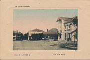 Carte postale, "la côte d'argent", début XX, Rion des Landes la place de l'église avec la halle.