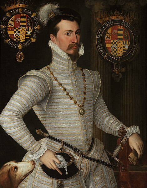 Portrait in Waddesdon Manor, c. 1564. In the background are the devices of the Order of Saint Michael and the Order of the Garter; Robert Dudley was a