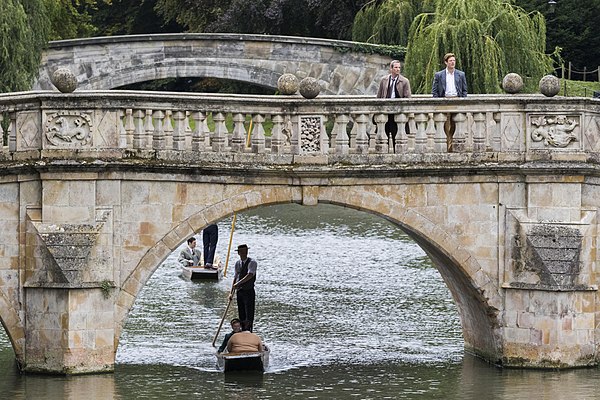 Robson Green and James Norton, filming Grantchester on Clare College Bridge, Cambridge in September 2015