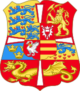 Armas de Cristián III (Reinado: 1533-1559) Armas de Dinamarca, Noruega (segunda partición), Suecia , "rey de los godos" y "rey de los vándalos". En escusón: Schleswig, Holstein, Stormarn y Oldemburgo.