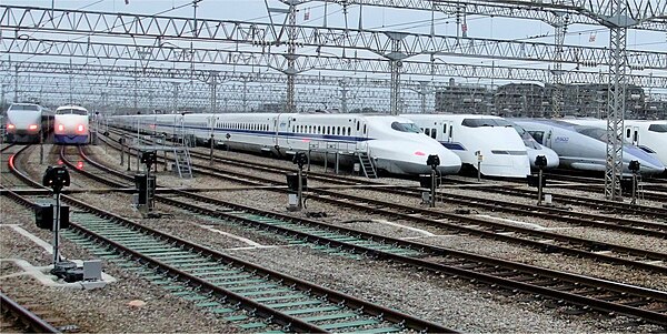 A lineup of JR West Shinkansen trains in October 2008