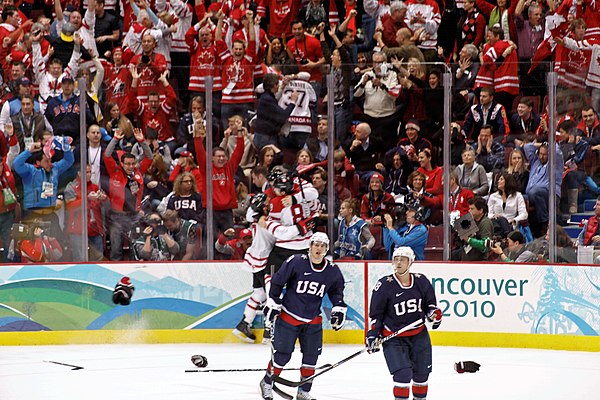 Doughty (number 8) celebrates moments after Sidney Crosby's gold-medal winning goal at the 2010 Winter Olympics over the United States.