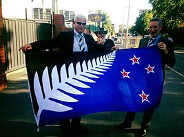 Sir Richard Hadlee (on left) supporting the flag in November 2015 Sir Richard Hadlee and Lockwood silver fern flag.jpg