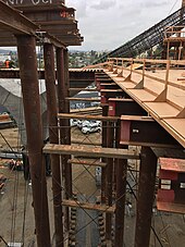 Sixth Street Viaduct Falsework - Bent 11 Jump Span. Shown in the background is a concrete Y-Arm. Sixth Street Falsework - Bent 11 Jump Span.jpg