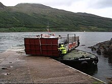 Turntable ferry MV Glenachulish operating between Glenelg on the Scottish mainland, and Kylerhea on the Isle of Skye. Built in 1969, she is the last manually operated turntable ferry in the world. Skye ferry scotland.jpg