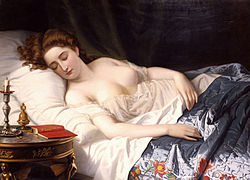 Imogen in her bed-chamber where Iachimo witnesses the mole under her breast. Illustrated by Wilhelm Ferdinand Souchon in 1872 Souchon1872ImogenCymbeline.jpg