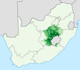 Распространение языка южный сото в ЮАР, доля населения, говорящая на языке дома:      0–20%      20–40%      40–60%      60–80%      80–100%