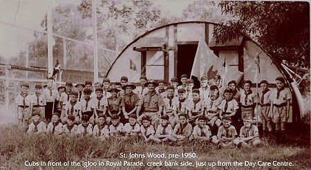 St. John's Wood Scouts, 1945. Cubs in front of US Army Quonset Hut. St. John's Wood Scouts 1945.jpg