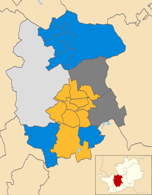 Map of the results of the 2008 St Albans City and District Council election. Liberal Democrats in yellow, Conservatives in blue and independent in light grey. Wards in dark grey were not contested in 2008. St Albans UK local election 2008 map.svg