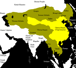 Tang dynasty c. 669. Map of China during the Tang Dynasty. In yellow are the territories of China and the area of vassals and allies are in dark yellow.