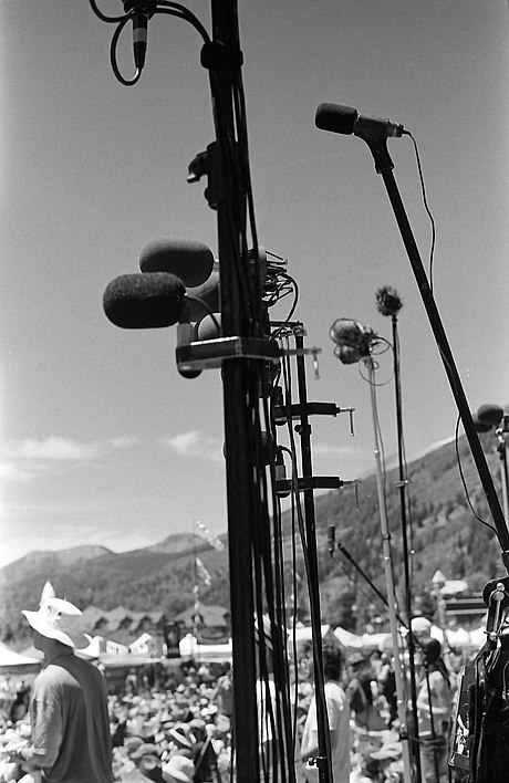 A forest of microphone stands at a taper section at Telluride Bluegrass Festival in June 2007.