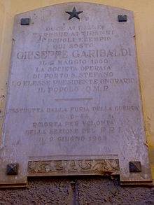 Plaque in memory of the presence of the Thousand in Porto Santo Stefano on 9 May 1860 Targa in ricordo della sosta di G.Garibaldi.jpg