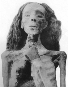 The mummy of Queen Tiye, now in the Egyptian Museum TheElderLady-61070-FrontView-PlateXCVII-TheRoyalMummies-1912.gif
