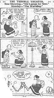 Olive Oyl dans la série The Thimble Theater. Planche « Old lamp for new » publiée dans Pittsburgh Press le 20 novembre 1920.