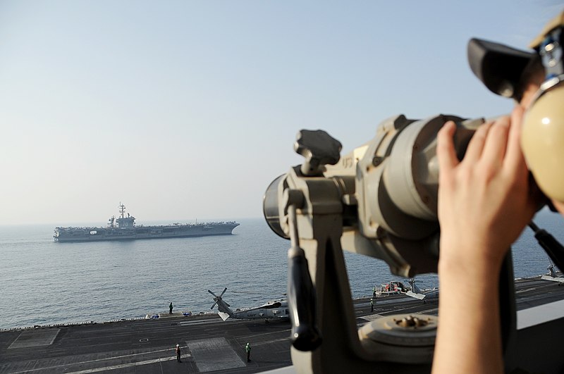 File:The aircraft carrier USS Carl Vinson (CVN 70), background, relieves the aircraft carrier USS George H.W. Bush (CVN 77) in the Persian Gulf Oct. 18, 2014, during Inherent Resolve 141018-N-MU440-006.jpg