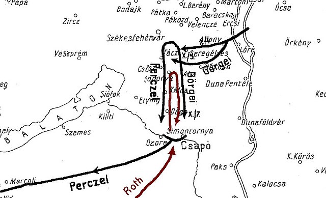 The Ozora-campaign of Artúr Görgei and Mór Perczel, which resulted in forcing the troops of Karl Roth to surrender – Red: Croatian troops, – Black: Hu