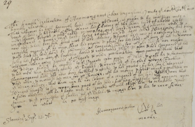 File:The declaration of Harman Garret unto the honored General Court , Harman Garrett’s petition, 1676 to the Massachusetts General Court, October 1676.png