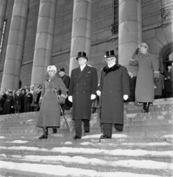 The inauguration of the Finnish president Urho Kekkonen and outgoing President J. K. Paasikivi at the Parliament House in Helsinki on March 1, 1956 The inauguration of the Finnish president Urho Kekkonen 1956 (JOKAUAS2 3416-2).tiff