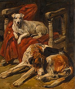 88. John Emms label QS:Len,"88. John Emms" Their Master's Chair, a Hound and Terrier