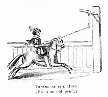 Running or tilting at the ring, an illustration derived from L'Instruction du Roy en l'exercise de monter a cheval by Antoine de Pluvinel Tilting at the Ring. (From an old print.).jpg