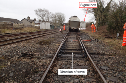 RAIB accident investigation image of a cement wagon derailed by trap points at Clitheroe, 9 March 2020, successfully protecting the adjacent running lines (left)