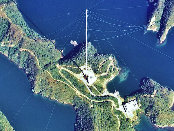 Umbrella antenna of the Omega navigation system beacon on Tsushima Island, Japan, which transmitted at 10-14 kHz; 389 meters high, it was dismantled i