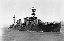 USS Raleigh, an Omaha-class cruiser, in 1942. Note casemates at bow. USS Raleigh (CL-7) off the Mare Island Naval Shipyard on 6 July 1942 (19-N-30916).jpg