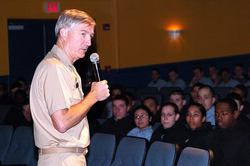 File:US Navy 061102-N-3241S-087 Commander, U.S. Naval Forces, Japan Rear Adm. James D. Kelly briefs his area of responsibility to both staff and students at Ross Theater who were interested in getting stationed in Japan.jpg