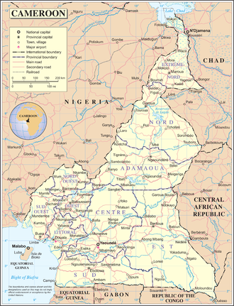 Map of Cameroon showing the main rivers and tributaries. Un-cameroon.png