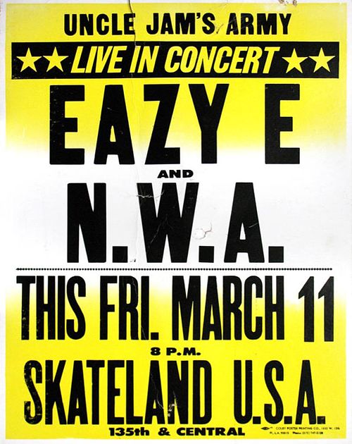 Poster for one of N.W.A's first concerts at a Compton skating rink, 1988