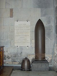 Unexploded shell in the cathedral in Genoa (Italy).jpg