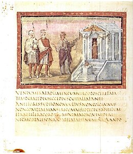 Vergilius Vaticanus f45v - Sibylle conduit Énée et Achates au temple d'Apollon.jpg