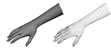 A real hand (left) is interpreted as a collection of vertices and lines in the 3D mesh version (right), and the software uses their relative position and interaction in order to infer the gesture. Volumetric-hands.jpg