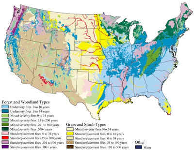 Fire regimes of United States plants. Savannas have regimes of a few years: blue, pink, and light green areas. Wildland Fire in Ecosystems 15-1-2.png