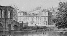 Jones and de Caus's south front and the Palladian bridge (1736-37), in a view of circa 1820 Wilton Bridge.gif