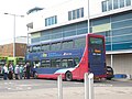 The rear of Wilts & Dorset 402 (HF54 KXU), a Volvo B7TL/East Lancs Myllennium Vyking in Newport, Isle of Wight bus station on route 1. The photo was taken at the start of Cowes Week 2010, meaning the Cowes Fountain Quay was closed off and any bus could be used to operate the route. The bus that was usd had actually come from the Go South Coast events fleet.