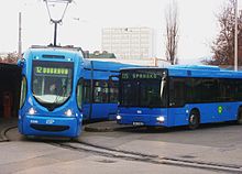 Zdjęcie przedstawia środki transportu miejskiego:tramwaj i autobus. Są niebieskiego koloru. Tramwaj linii 12 kieruję się w stronę Dubravy. Końcowym przystankiem autobusu linii 115 jest Skansko. W tle widać wysoki, biały budynek i drzewa.