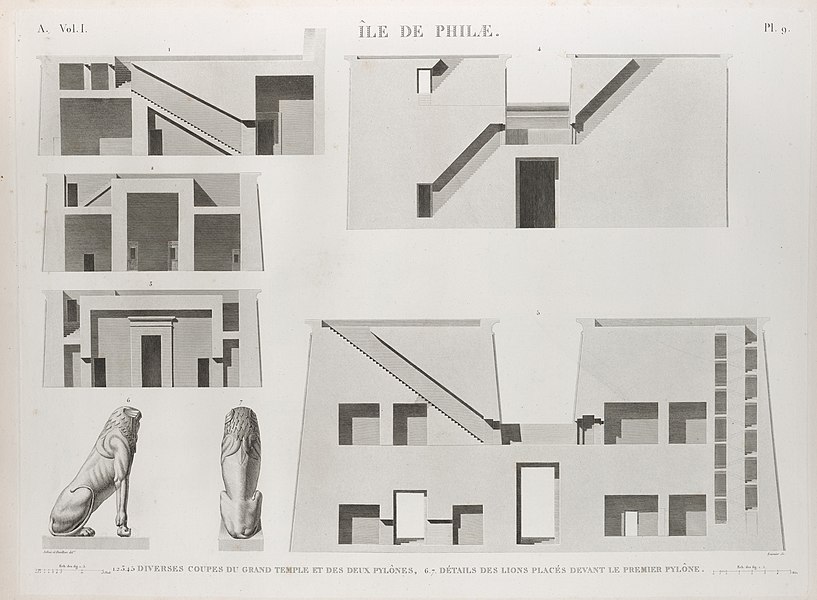 Pl.9 - 1-5. Diverses coupes du Grand Temple et des deux pylônes 6.7. Détails des lions placés devant le premier pylône