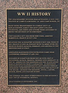 Plaque honoring the US 103rd Infantry Division in WW II. 103rd Div in WWII plaque.jpg