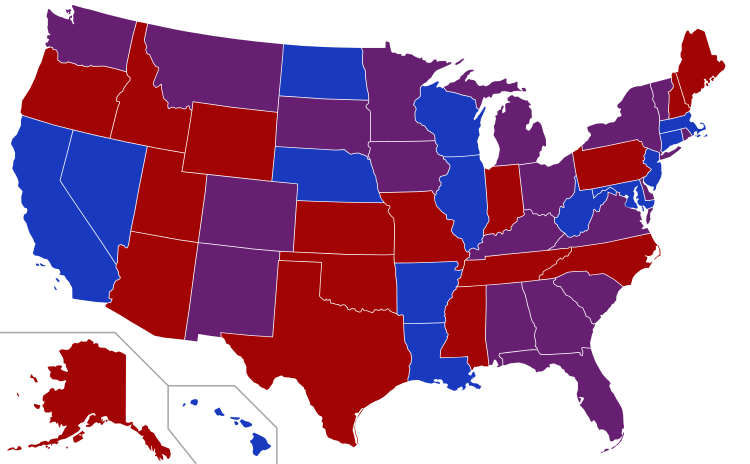 Senators' party membership by state at the opening of the 104th Congress in January 1995   2 Democrats   1 Democrat and 1 Republican   2 Republicans
