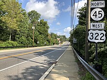 View west along US 322 Bus. and north along Route 45 just northwest of their junction in Mullica Hill 2018-08-26 10 07 58 View west along U.S. Route 322 Business and Gloucester County Route 536 and north along New Jersey State Route 45 (Main Street) just northwest of Mullica Road in Harrison Township, Gloucester County, New Jersey.jpg
