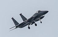 A US Air Force F-15C Eagle, tail number 85-0115, on final approach at Kadena Air Base in Okinawa, Japan